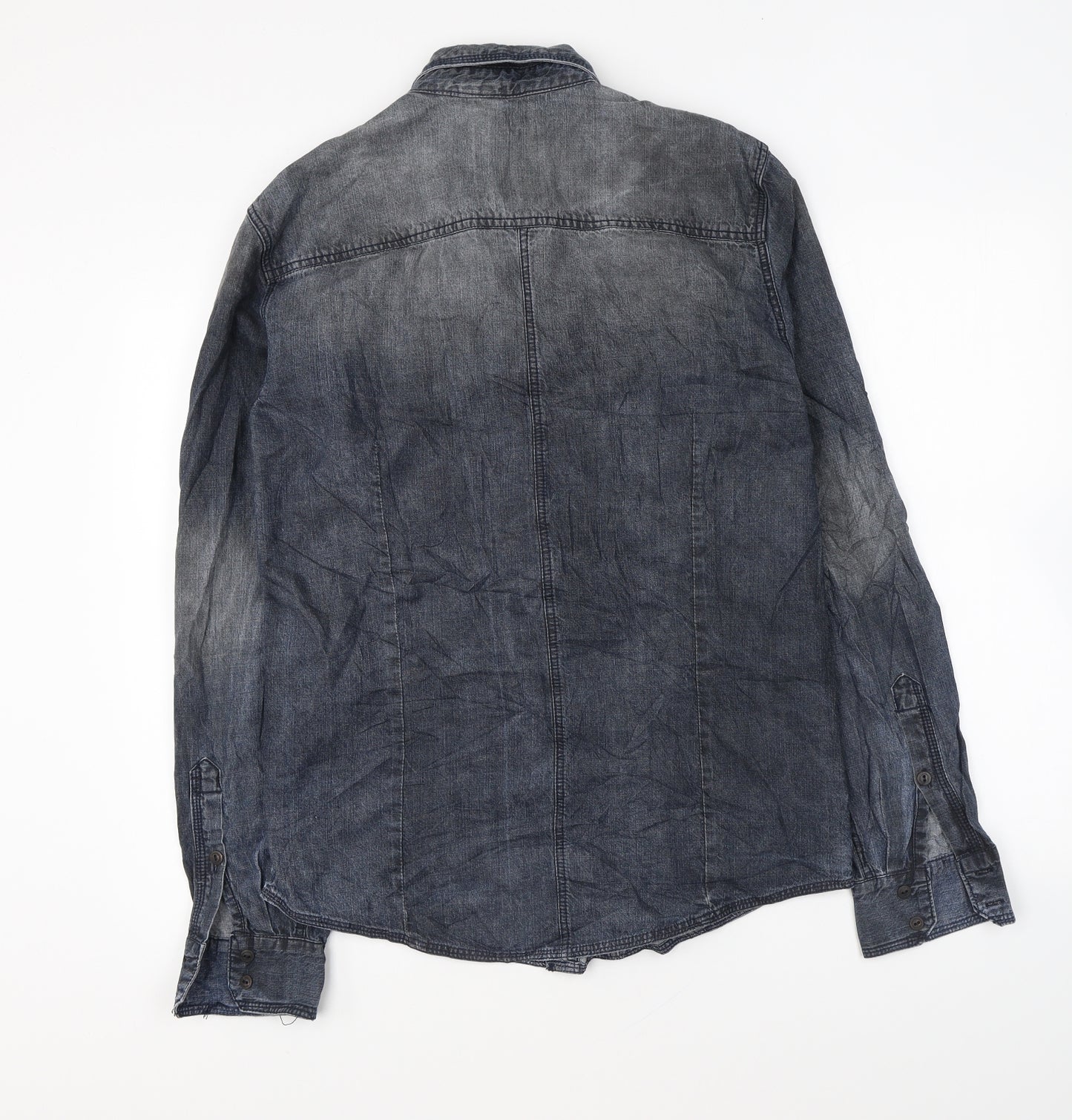 Bershka Mens Blue Cotton Button-Up Size L Collared Button