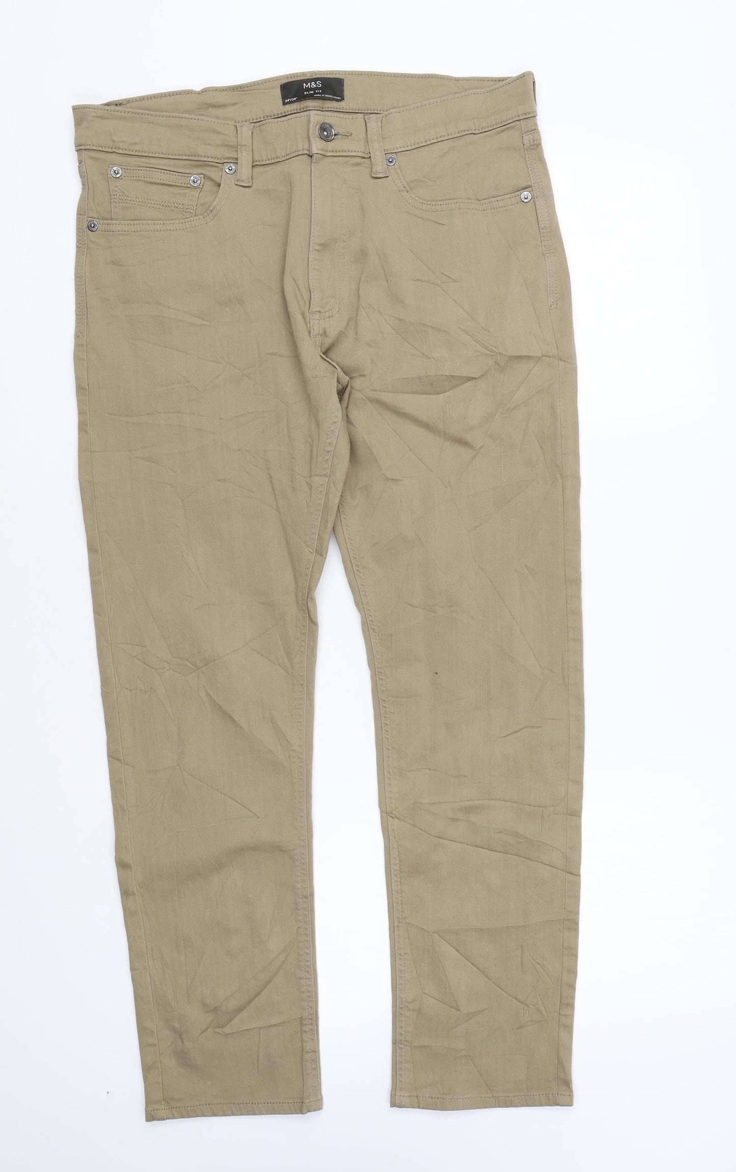 Marks and Spencer Mens Brown Cotton Skinny Jeans Size 34 in L29 in Slim Zip