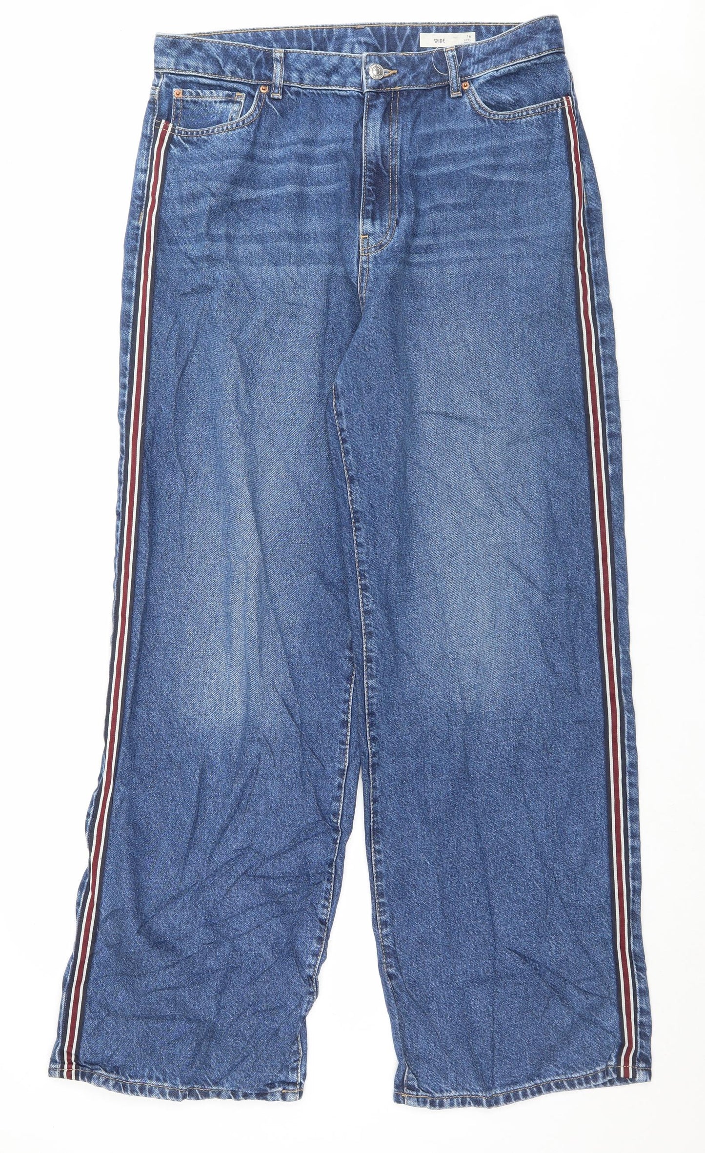 Marks and Spencer Womens Blue Cotton Wide-Leg Jeans Size 16 L32 in Regular Button