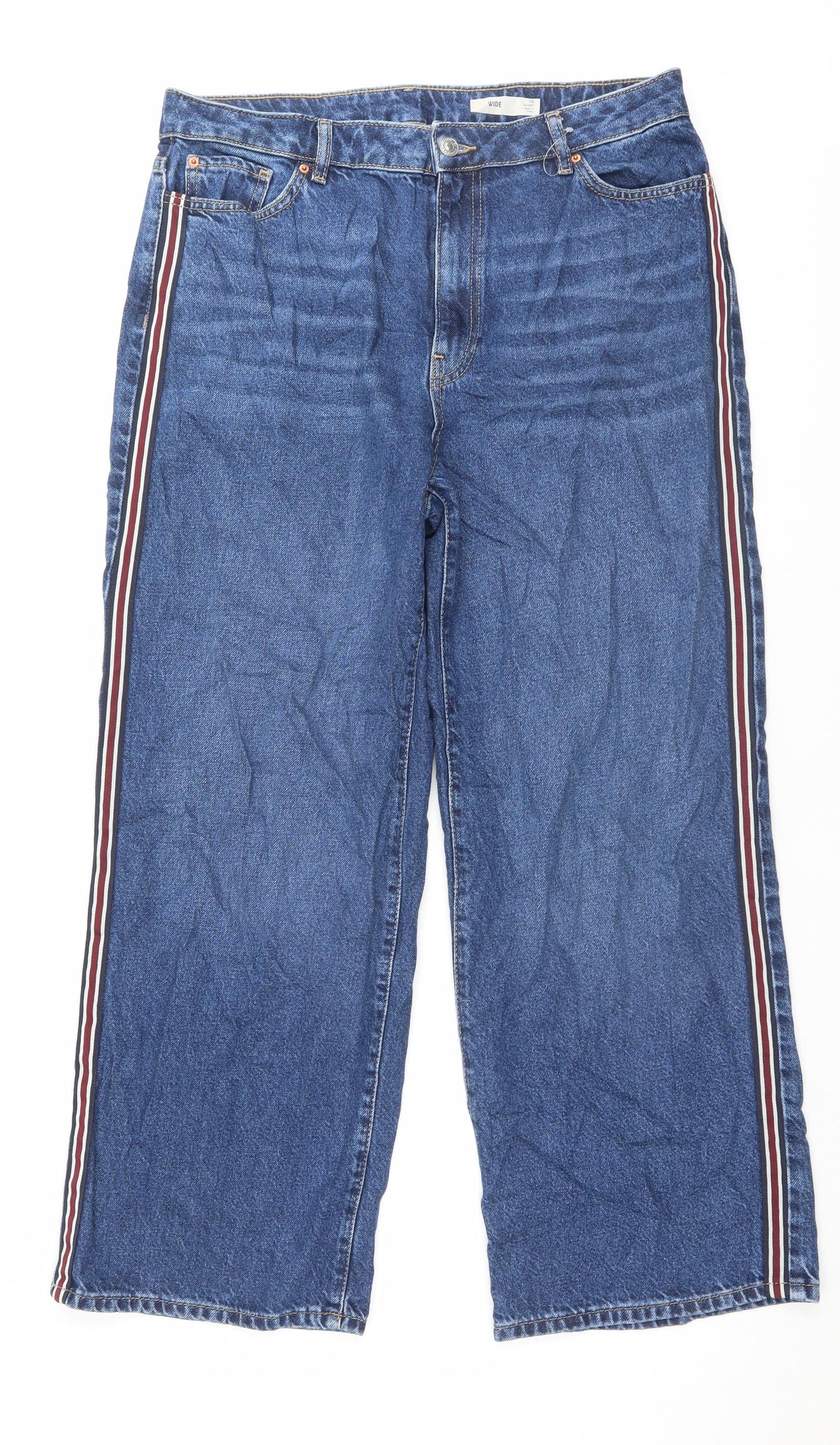 Marks and Spencer Womens Blue Cotton Wide-Leg Jeans Size 16 L28 in Regular Button