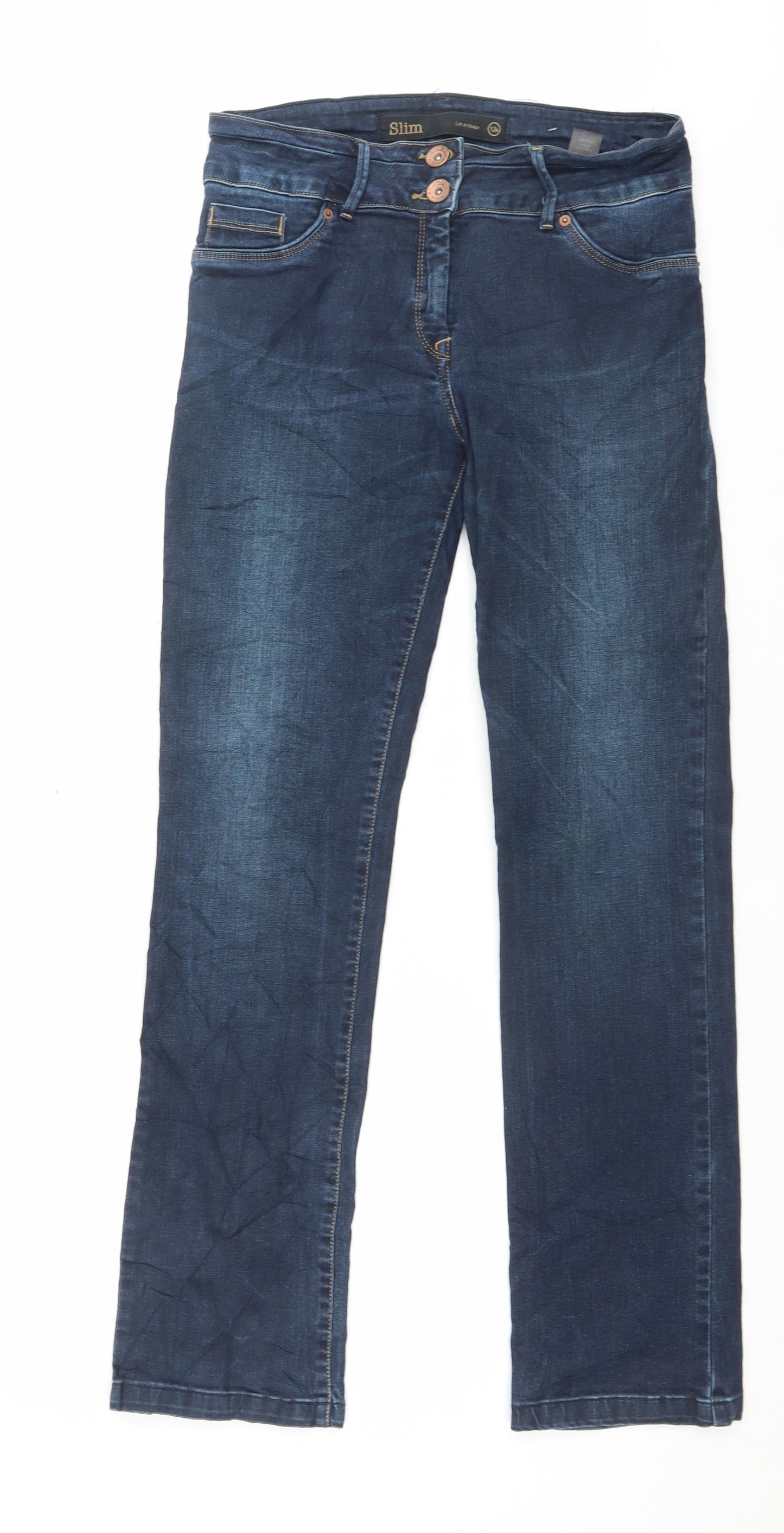 NEXT Womens Blue Cotton Straight Jeans Size 12 L30 in Slim Button