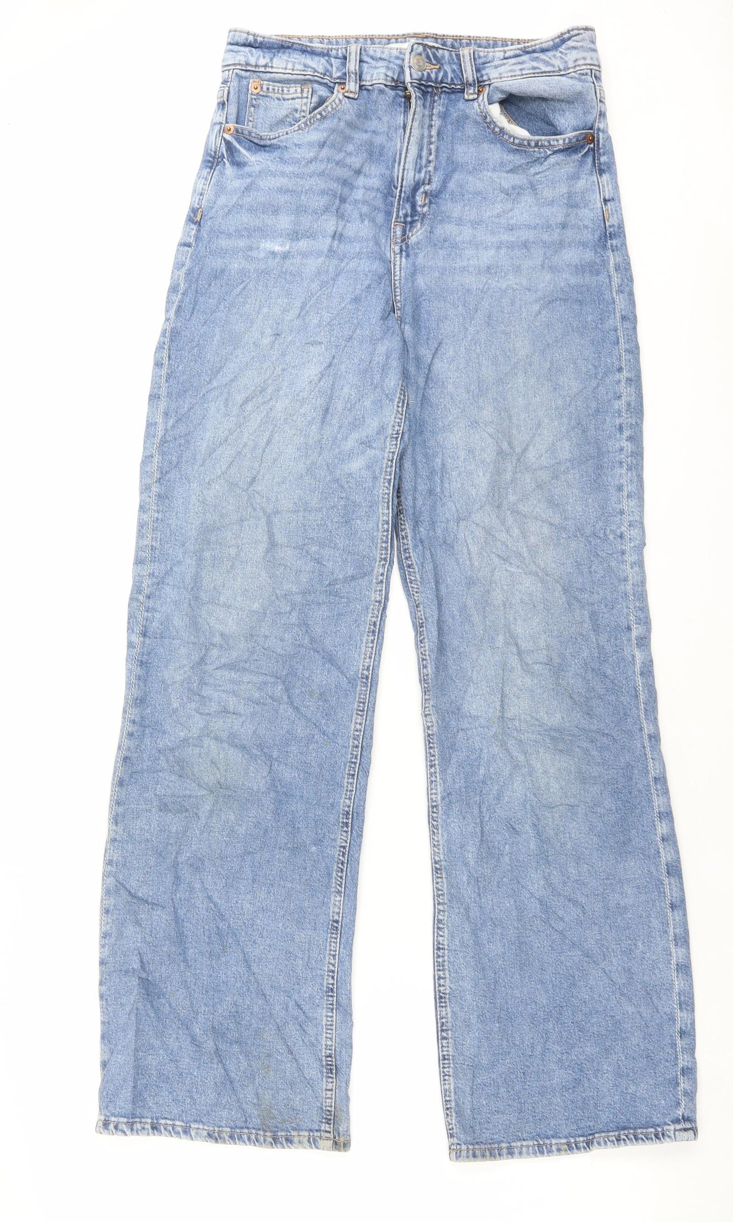 H&M Womens Blue Cotton Wide-Leg Jeans Size 10 L31 in Regular Button