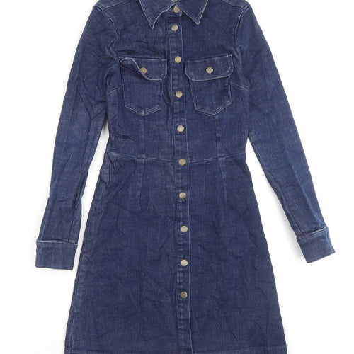 Marks and Spencer Womens Blue Cotton Shirt Dress Size 6 Collared Button
