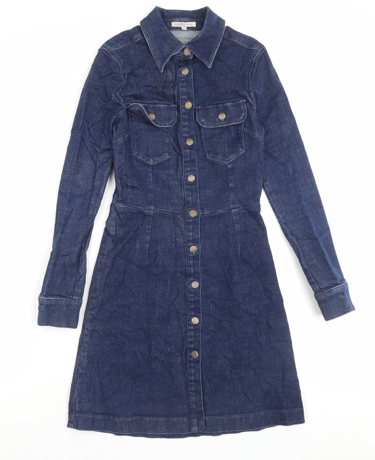 Marks and Spencer Womens Blue Cotton Shirt Dress Size 6 Collared Button
