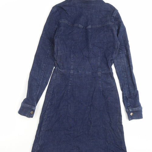 Marks and Spencer Womens Blue Cotton Shirt Dress Size 6 Collared Button