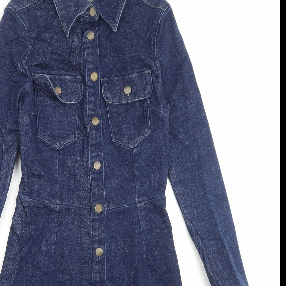 Marks and Spencer Womens Blue Cotton Shirt Dress Size 6 Collared Button