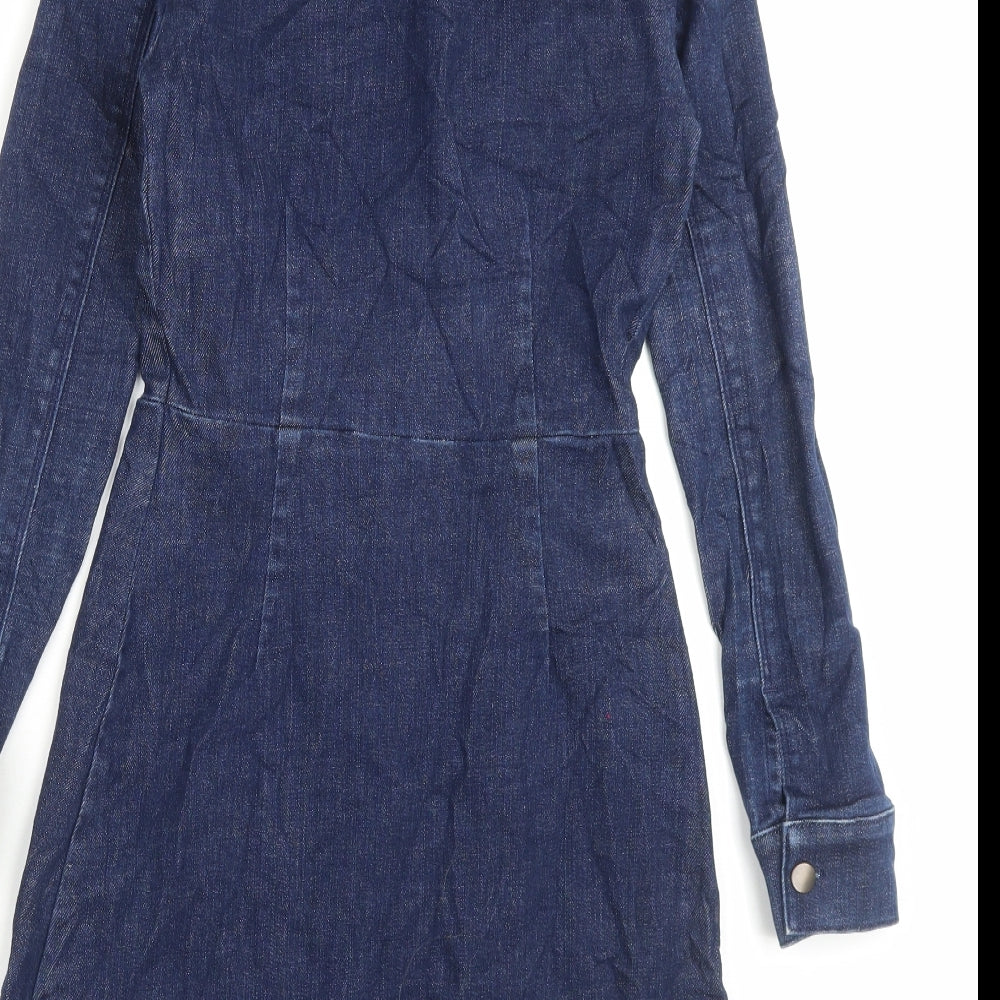 Marks and Spencer Womens Blue Cotton Shirt Dress Size 6 Collared Button