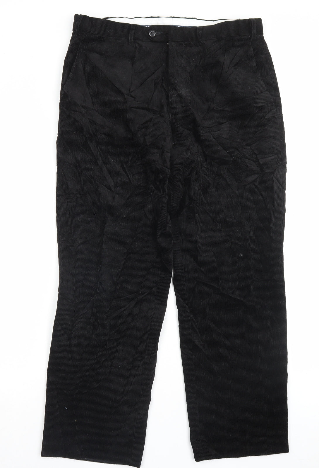 Marks and Spencer Mens Black Cotton Trousers Size 34 in L29 in Regular Button - Short Leg
