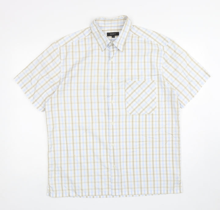 NEXT Mens White Plaid Cotton Button-Up Size L Collared Button