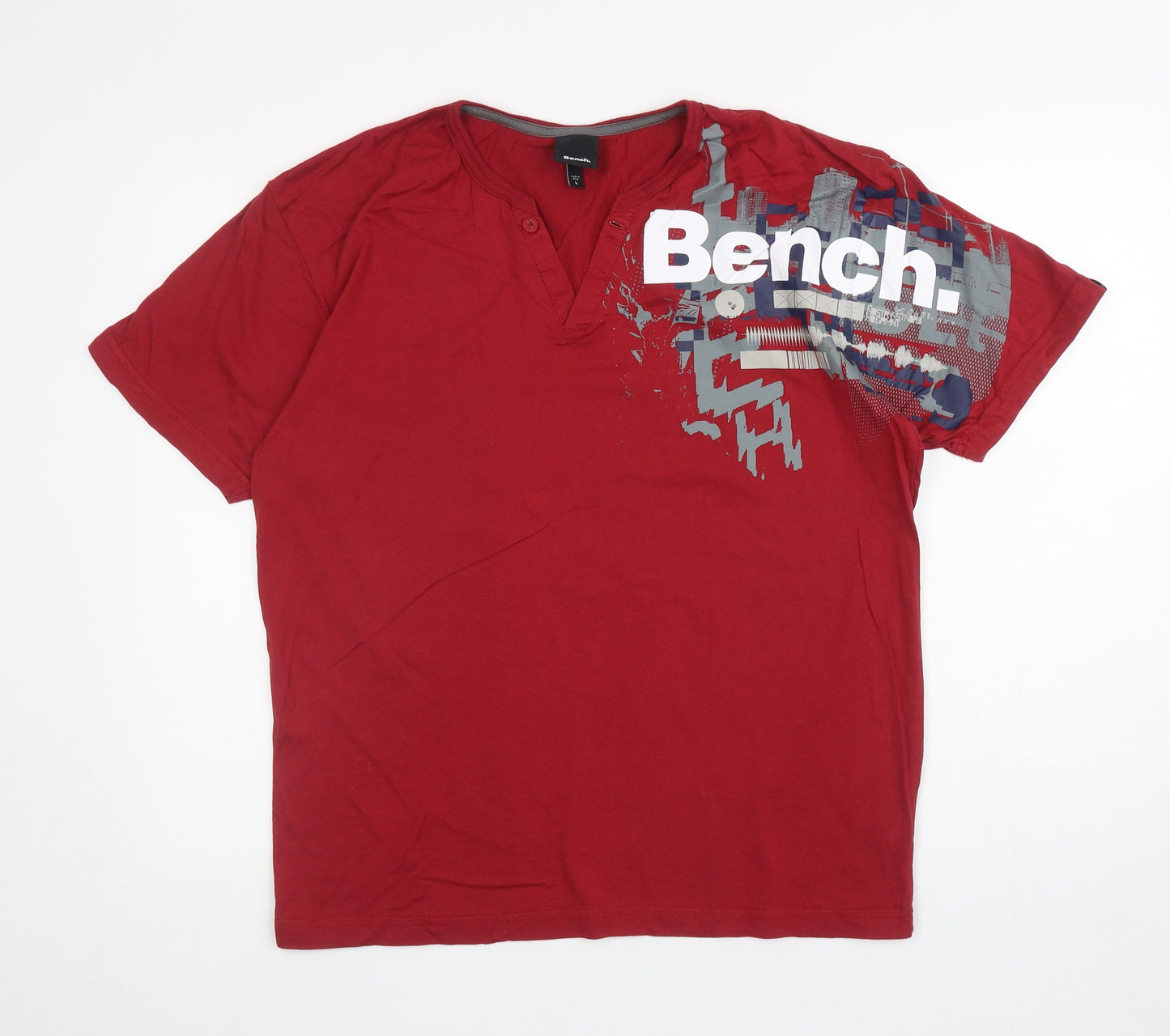 Bench Mens Red Cotton T-Shirt Size L V-Neck - Bench