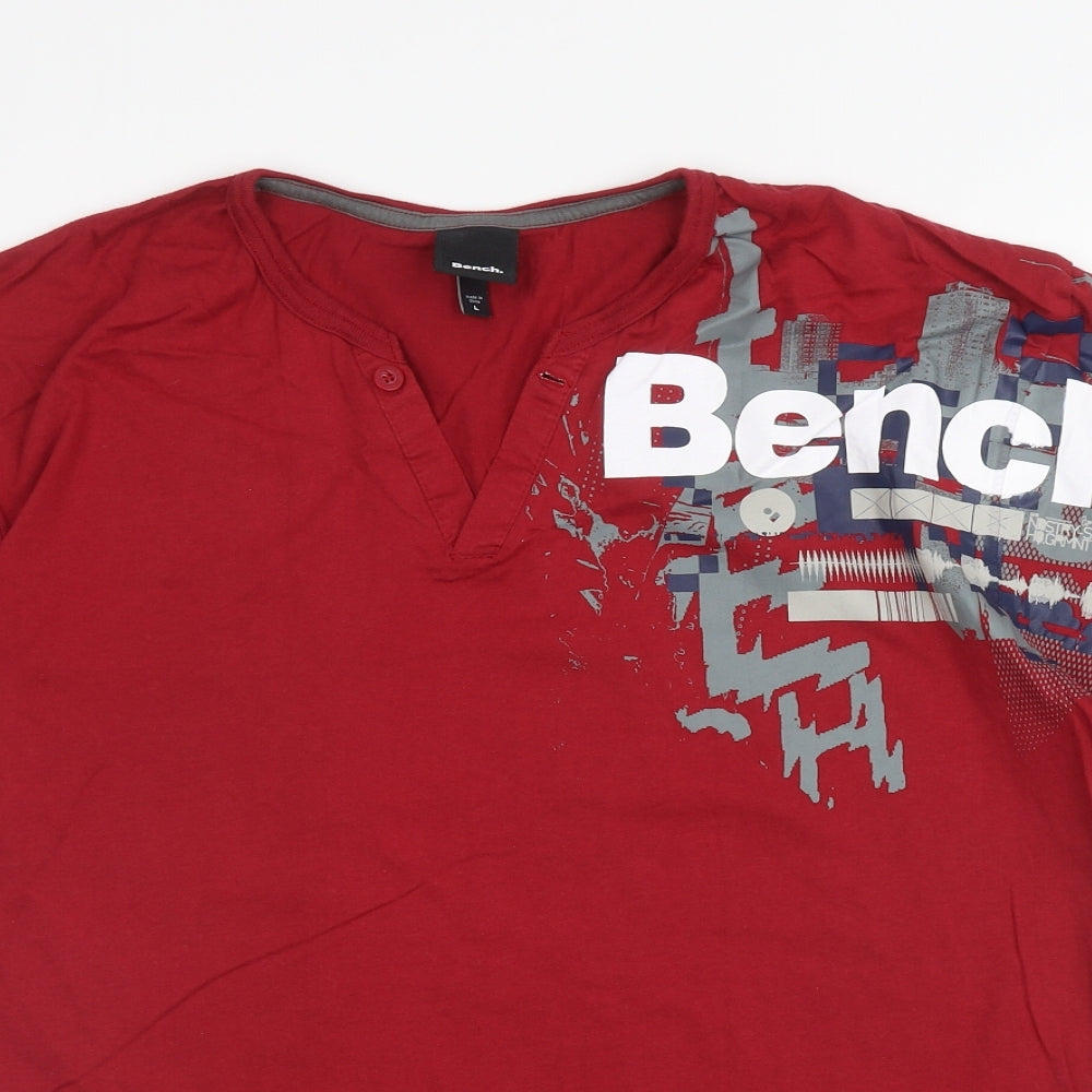 Bench Mens Red Cotton T-Shirt Size L V-Neck - Bench