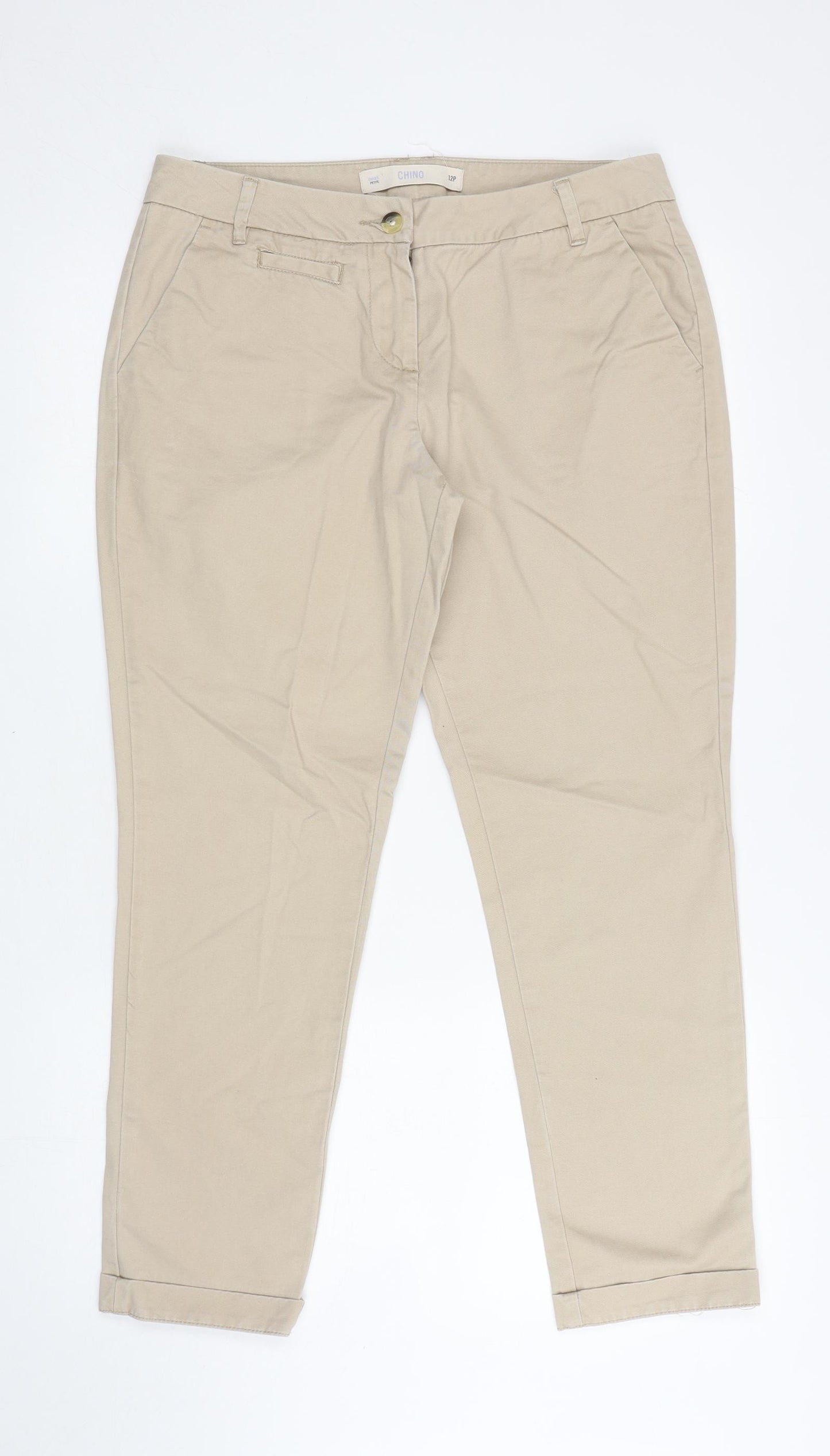 NEXT Womens Beige Cotton Chino Trousers Size 12 L27 in Regular Zip
