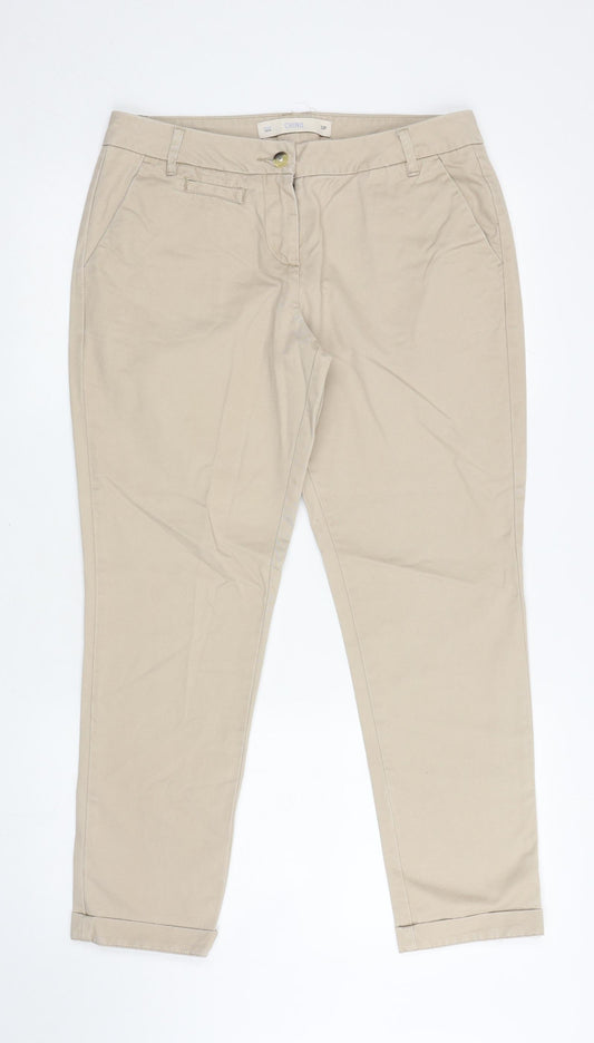 Front view of NEXT women’s beige cotton chino trousers, size UK 12, 27-inch leg regular zip