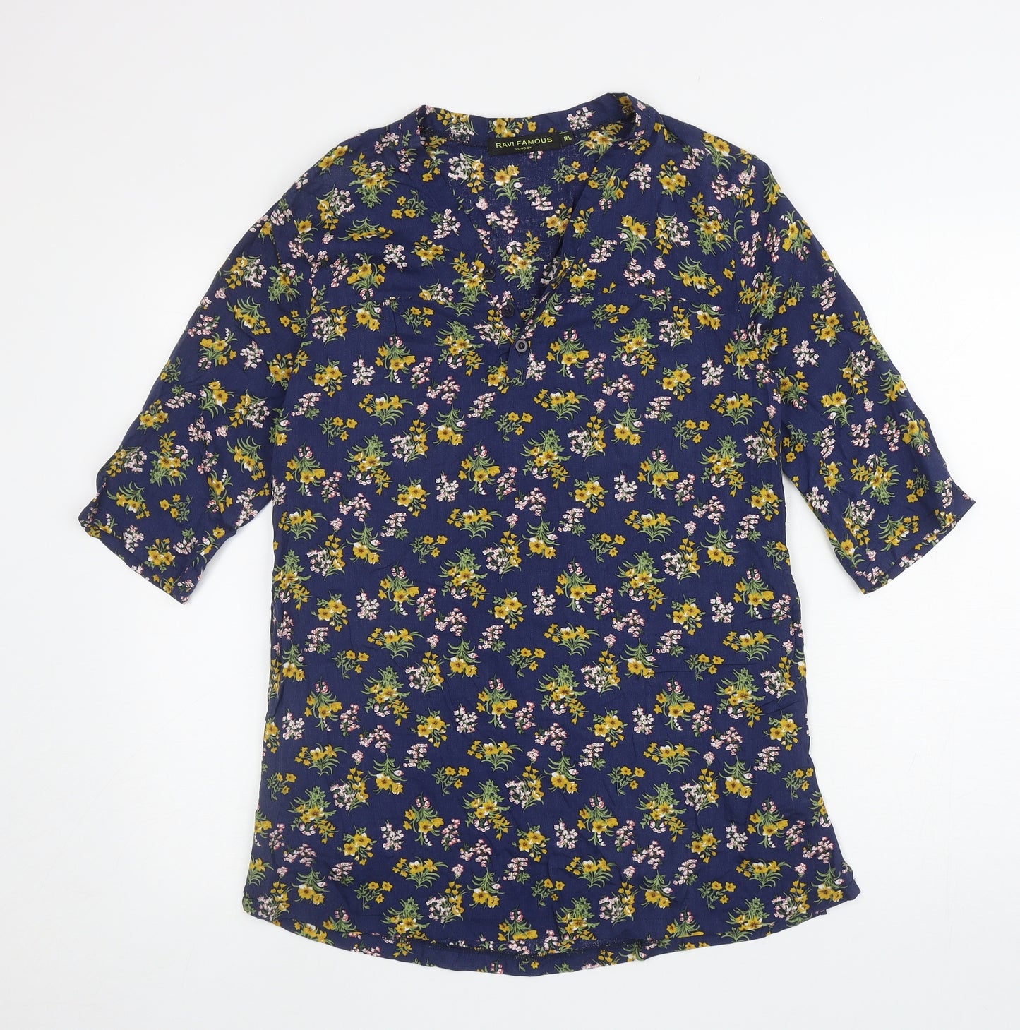 Ravi Famous Womens Blue Floral Polyester Tunic T-Shirt Size M V-Neck