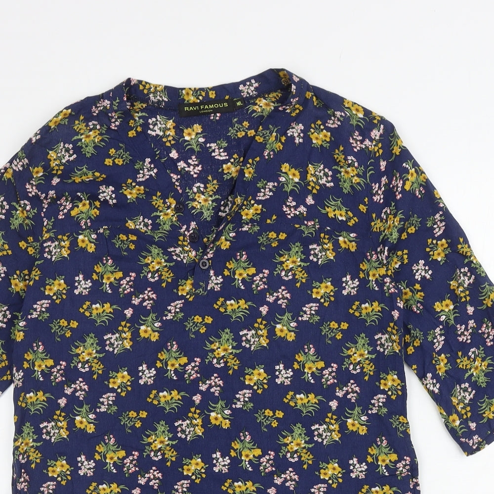 Ravi Famous Womens Blue Floral Polyester Tunic T-Shirt Size M V-Neck