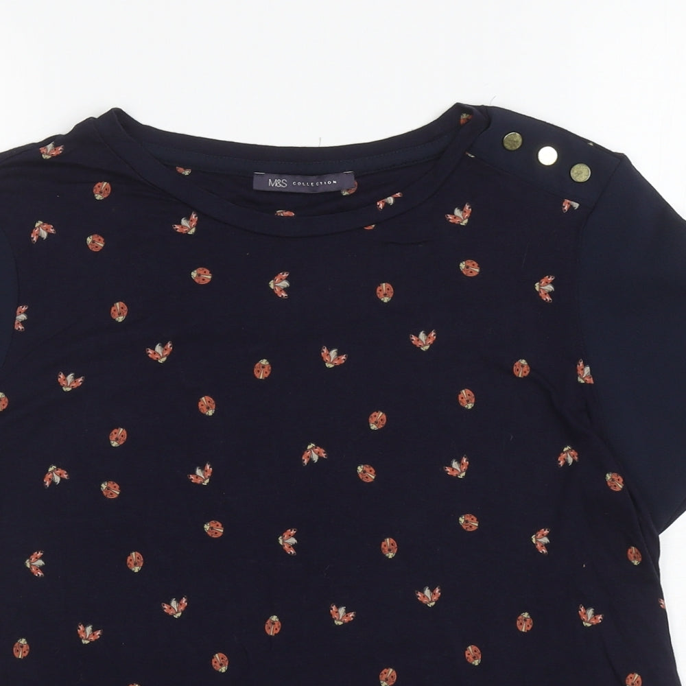 Marks and Spencer Womens Blue Geometric Viscose Basic T-Shirt Size 12 Round Neck - Ladybirds