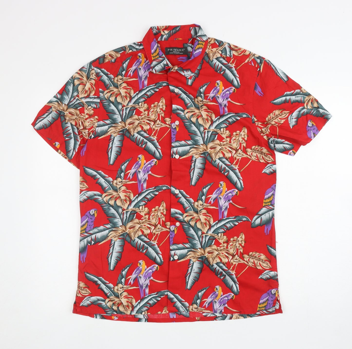 Primark Mens Red Floral Cotton Button-Up Size M Collared Button - Parrots