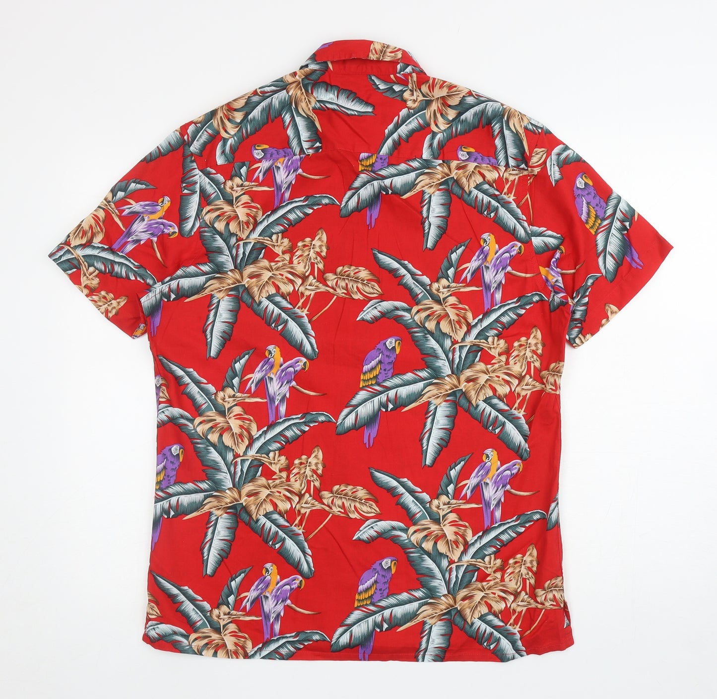 Primark Mens Red Floral Cotton Button-Up Size M Collared Button - Parrots