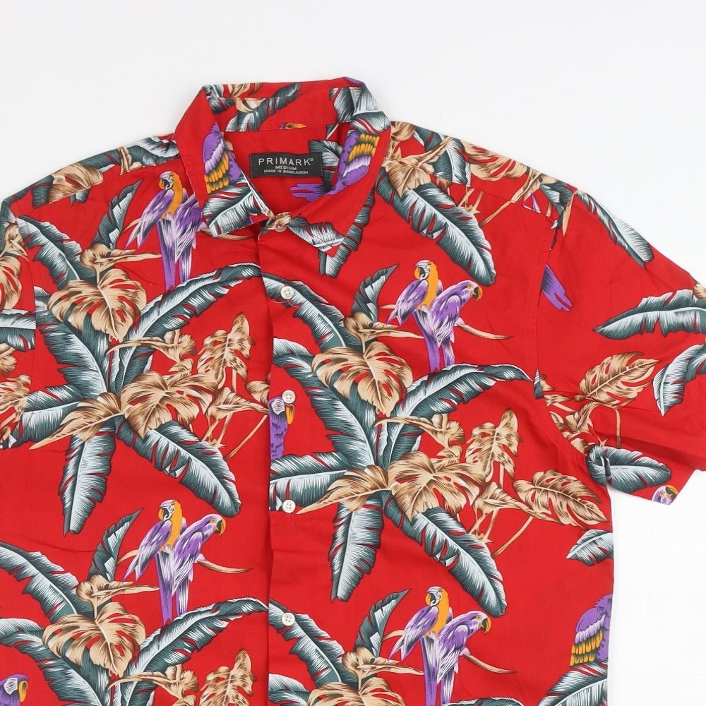 Primark Mens Red Floral Cotton Button-Up Size M Collared Button - Parrots