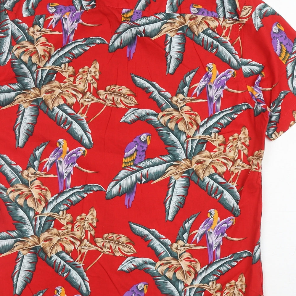 Primark Mens Red Floral Cotton Button-Up Size M Collared Button - Parrots