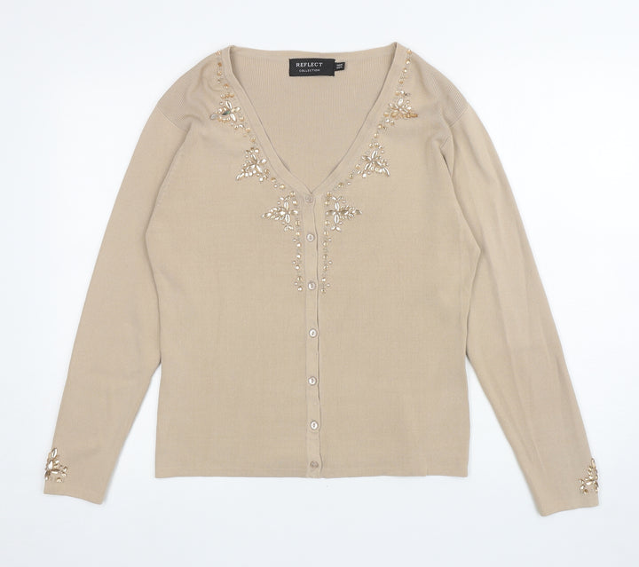 Reflect Womens Beige V-Neck Viscose Cardigan Jumper Size M