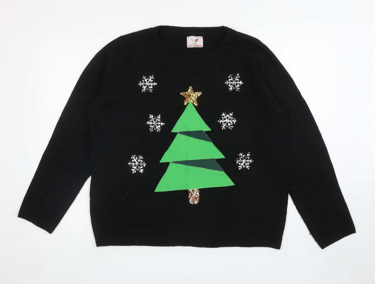 George Womens Black Round Neck Acrylic Pullover Jumper Size L - Christmas Tree