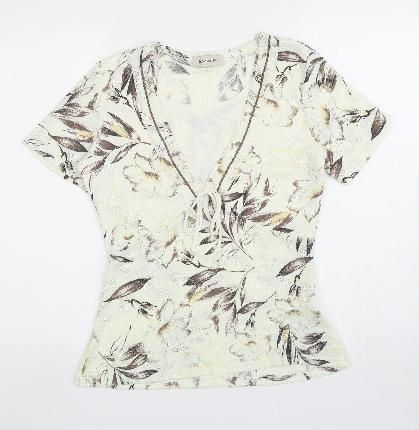 BASSINI Womens Ivory Floral Polyester Basic T-Shirt Size 14 V-Neck