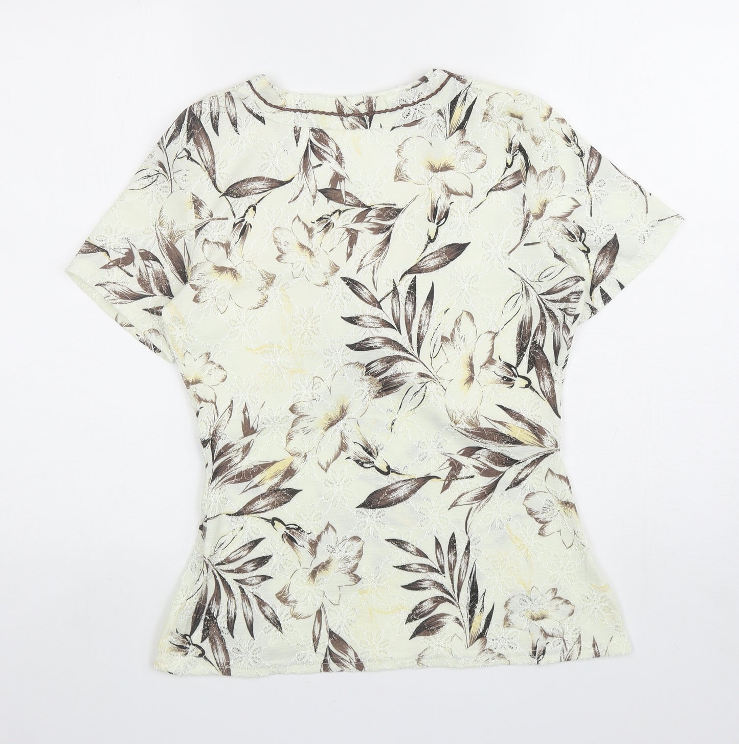 BASSINI Womens Ivory Floral Polyester Basic T-Shirt Size 14 V-Neck