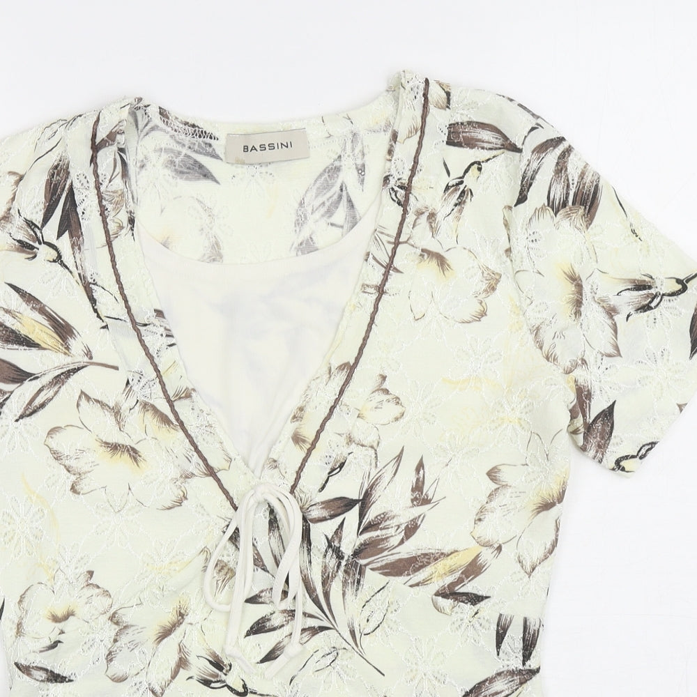 BASSINI Womens Ivory Floral Polyester Basic T-Shirt Size 14 V-Neck