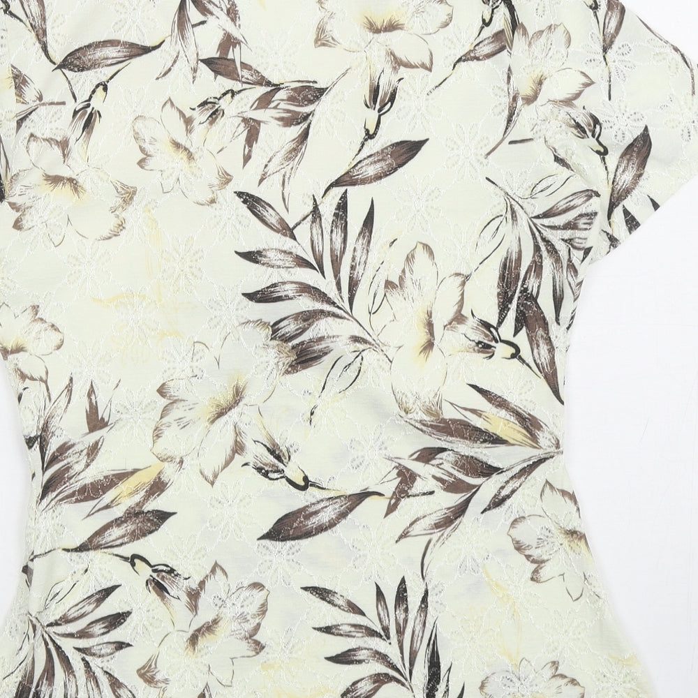 BASSINI Womens Ivory Floral Polyester Basic T-Shirt Size 14 V-Neck