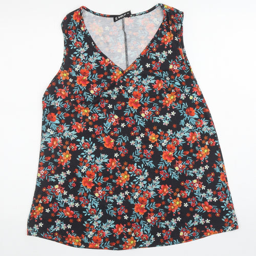 Sheilay Womens Black Floral Polyester Basic Tank Size L V-Neck