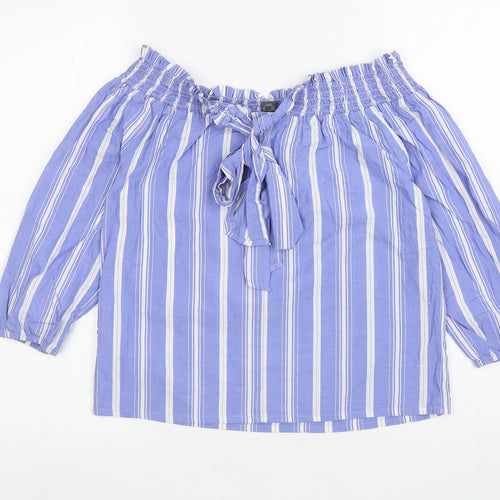 Primark Womens Blue Striped Cotton Basic Blouse Size 8 Off the Shoulder