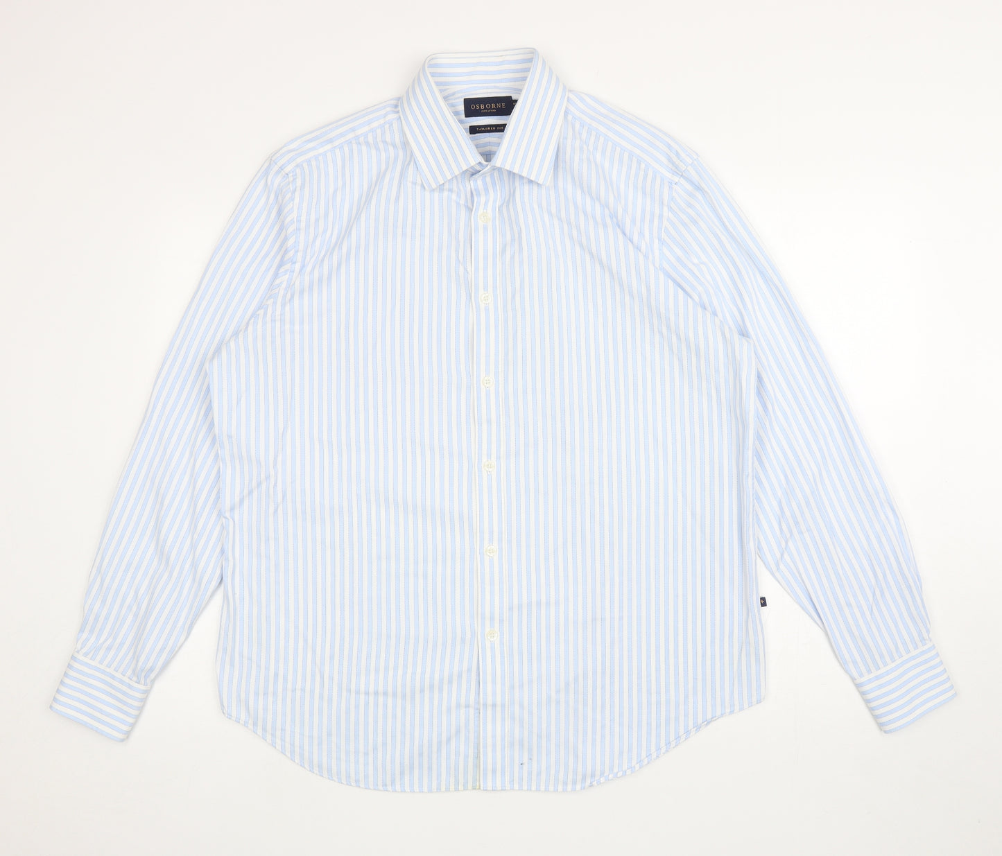 Osbourne Mens Blue Striped Cotton Dress Shirt Size 17.5 Collared Button