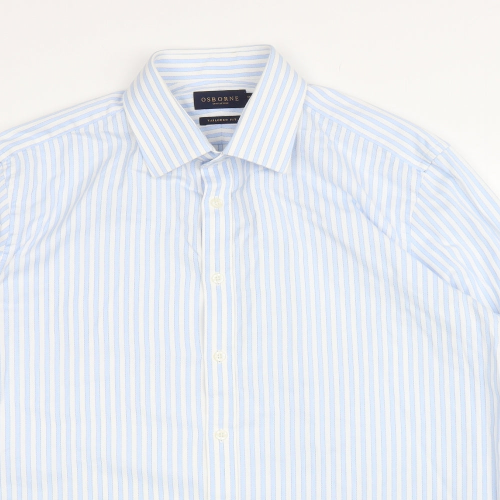 Osbourne Mens Blue Striped Cotton Dress Shirt Size 17.5 Collared Button