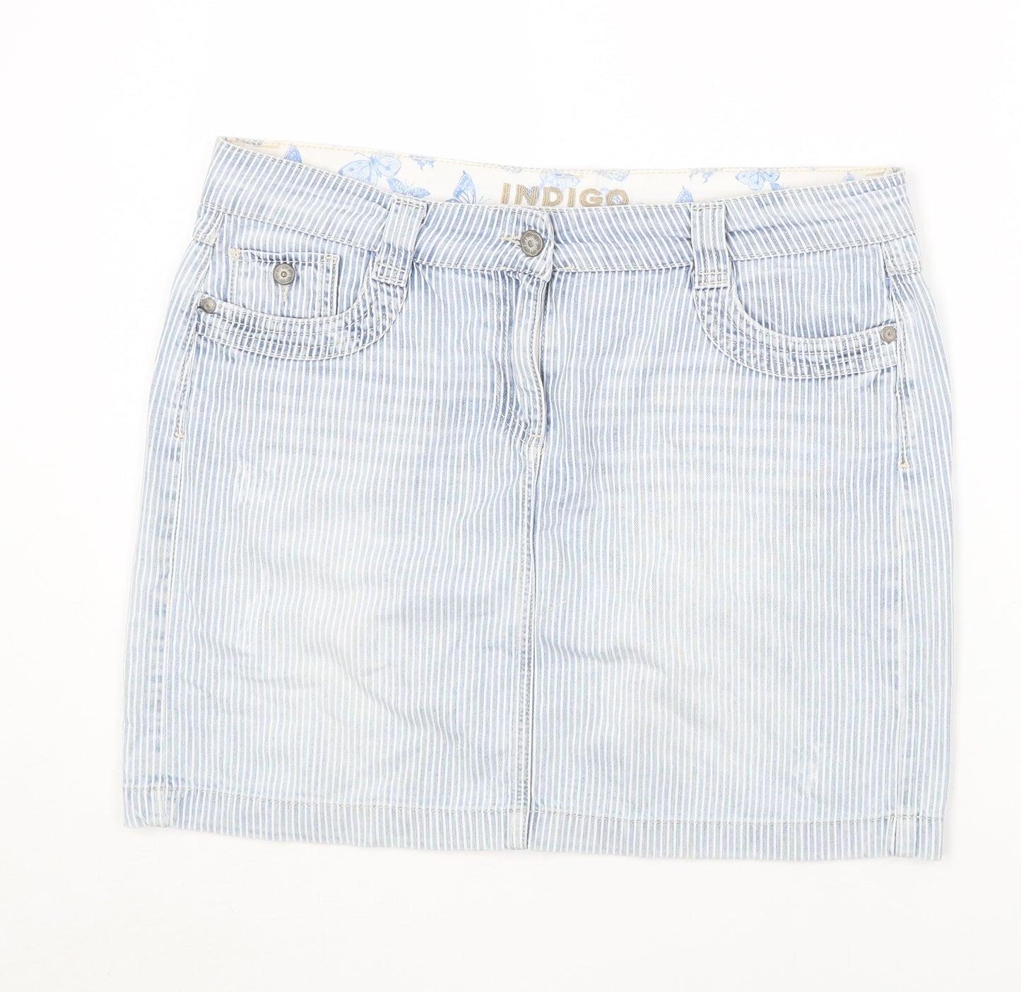 Indigo Womens Blue Striped Cotton Mini Skirt Size 14 Button