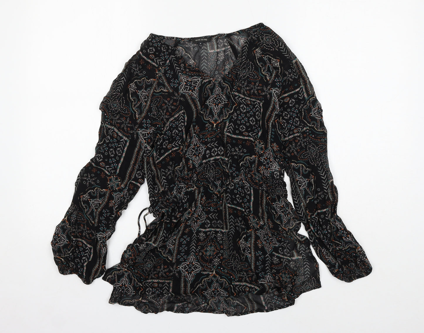 River Island Womens Black Geometric Viscose Basic Blouse Size 6 V-Neck