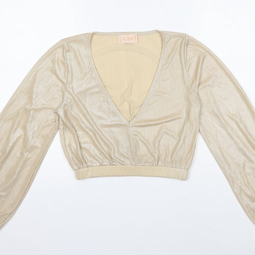 Club London Womens Gold Polyester Cropped Blouse Size 12 V-Neck