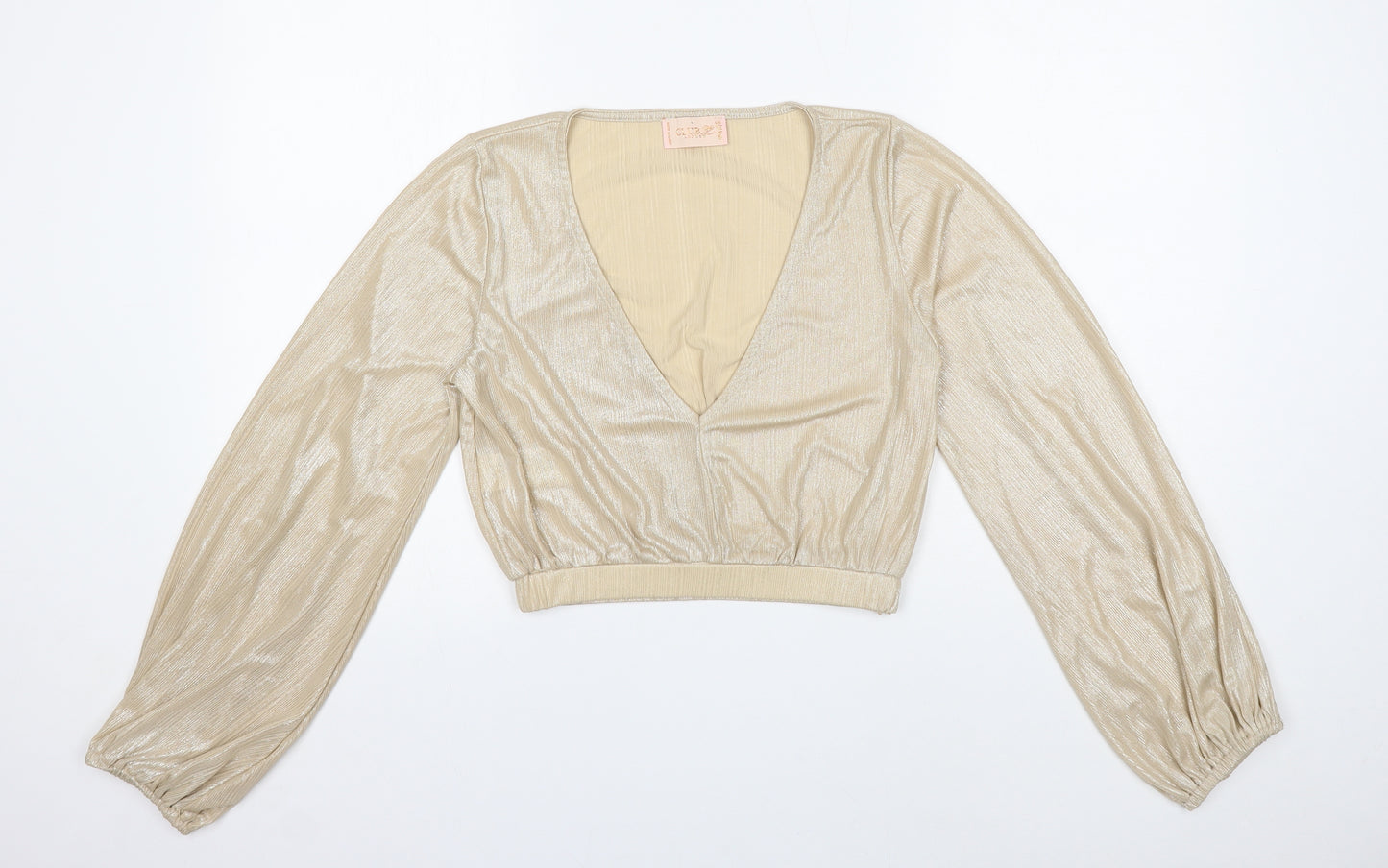 Club London Womens Gold Polyester Cropped Blouse Size 12 V-Neck