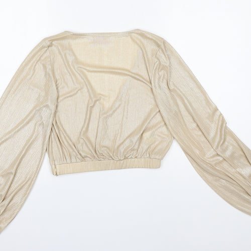 Club London Womens Gold Polyester Cropped Blouse Size 12 V-Neck