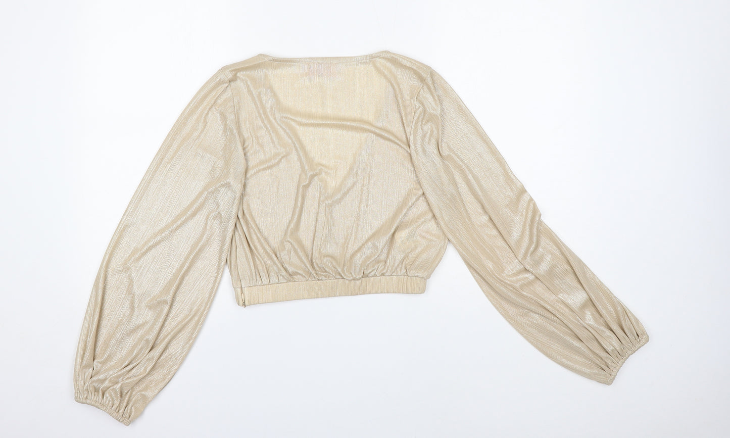 Club London Womens Gold Polyester Cropped Blouse Size 12 V-Neck