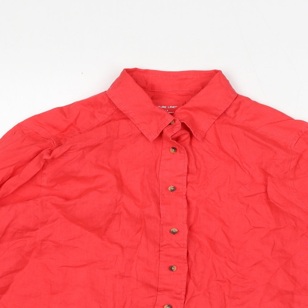 Marks and Spencer Womens Red Linen Basic Button-Up Size 12 Collared