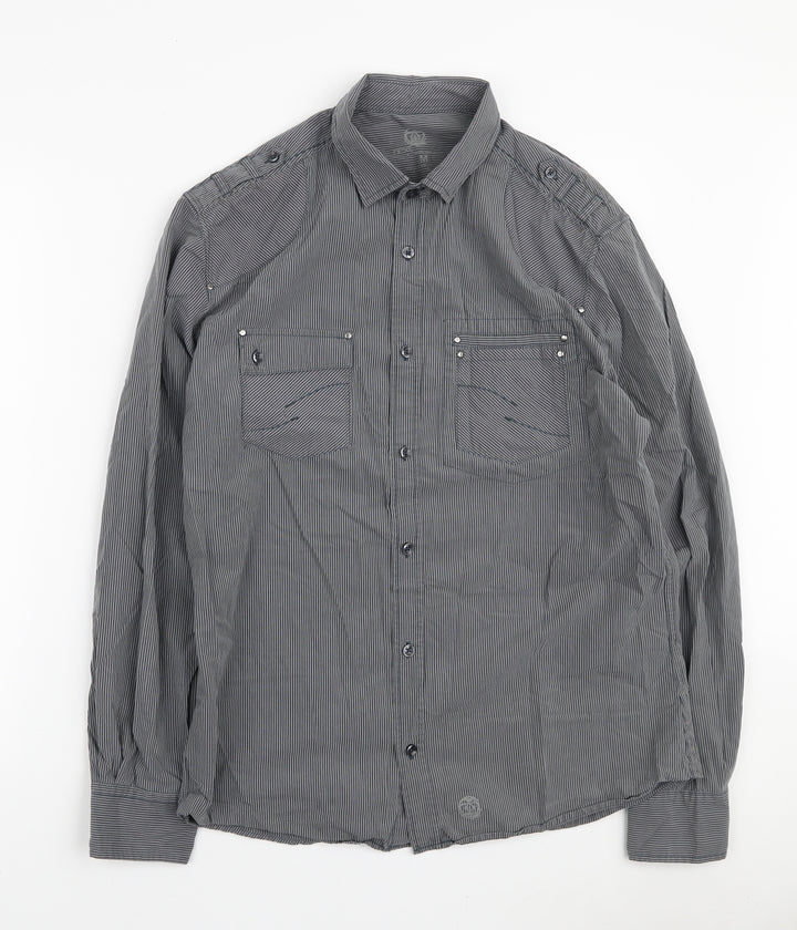 NEXT Mens Grey Striped Cotton Button-Up Size M Collared Button
