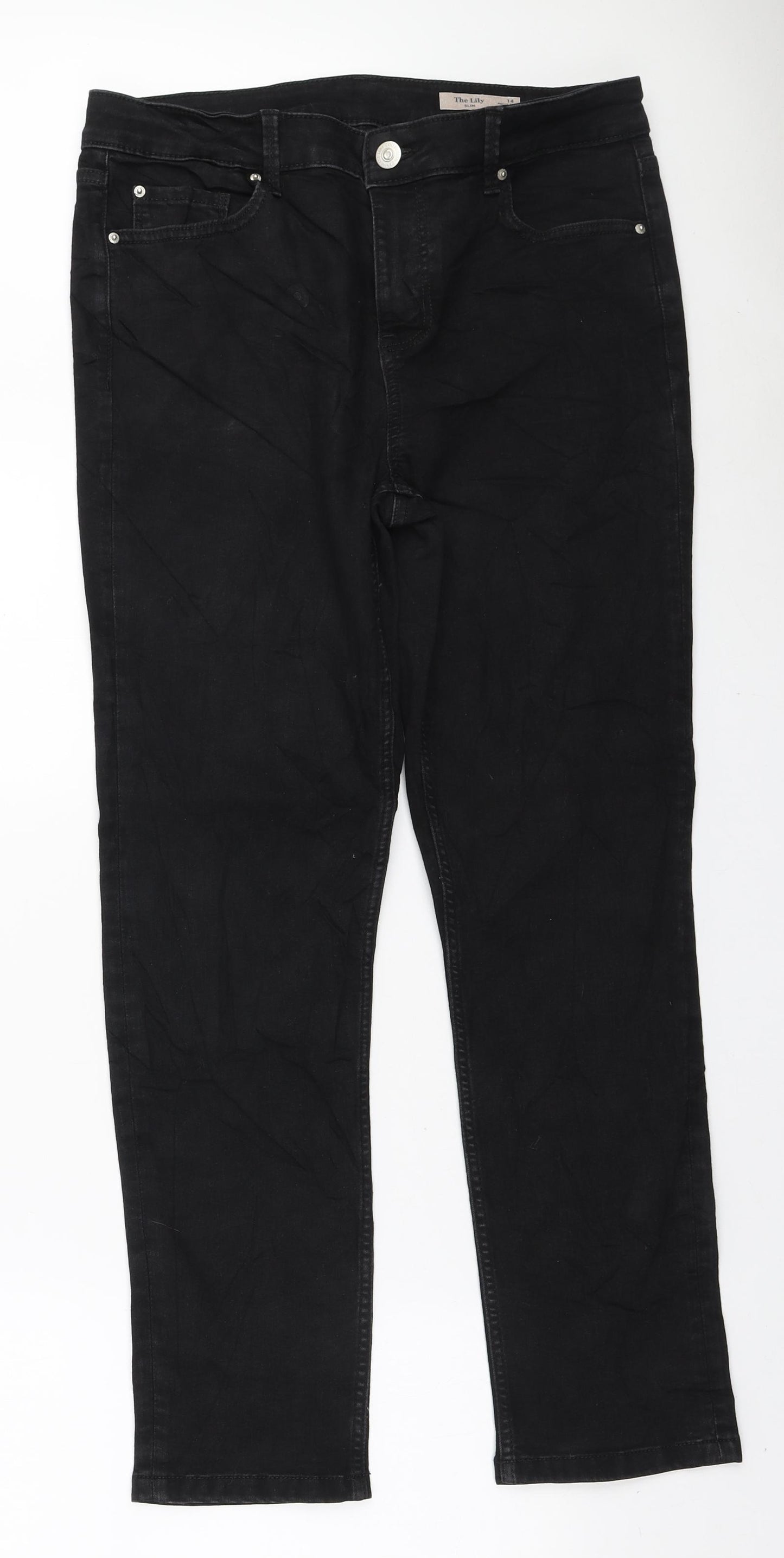Marks and Spencer Womens Black Cotton Straight Jeans Size 14 L28 in Regular Zip
