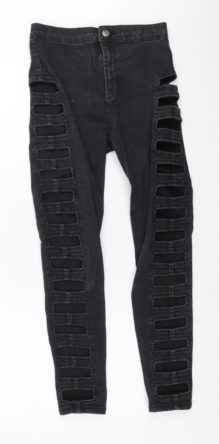Topshop Womens Black Cotton Skinny Jeans Size 28 in L30 in Regular Zip - Side cut outs