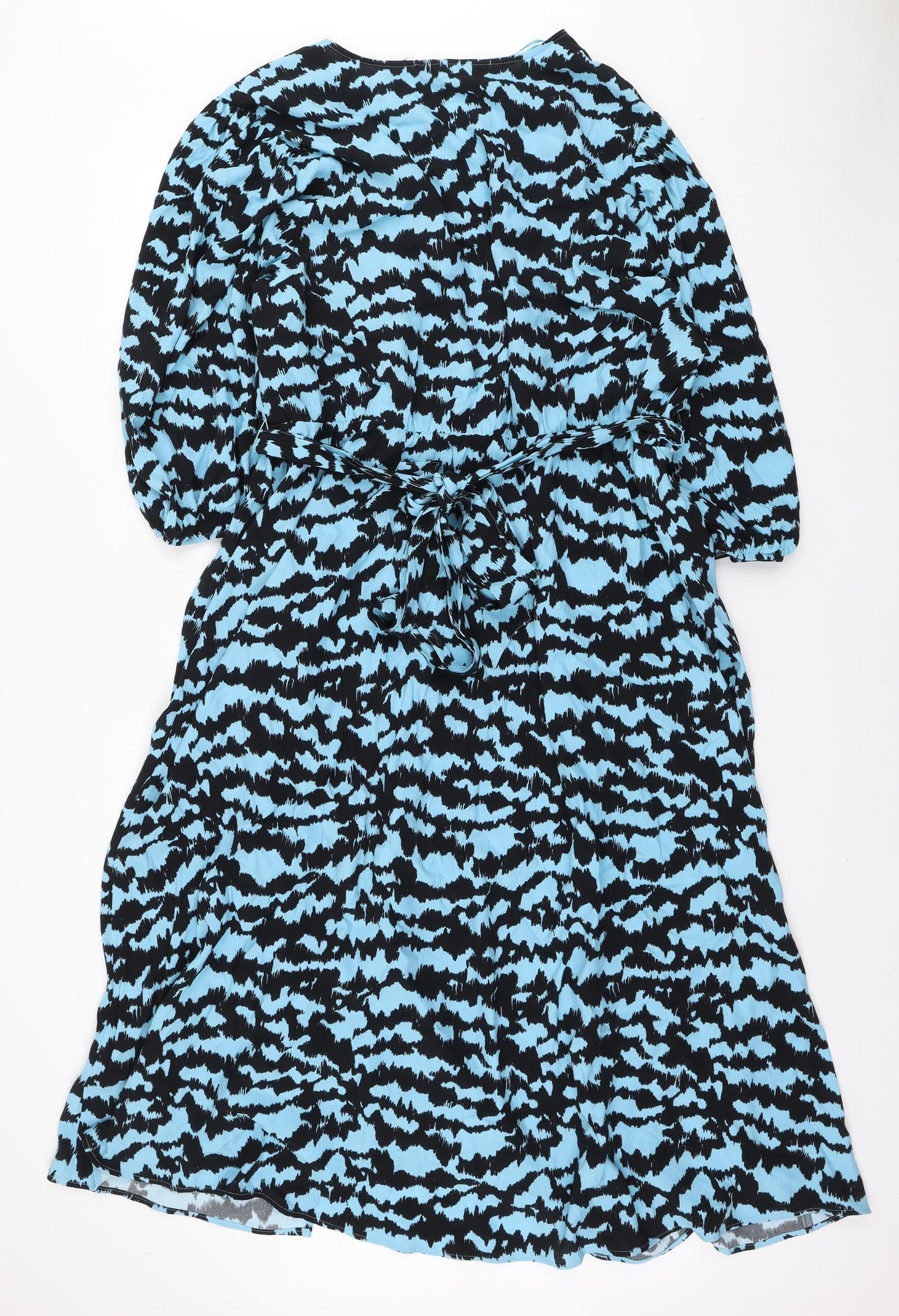 Marks and Spencer Womens Black Geometric Viscose Fit & Flare Size 24 V-Neck Tie