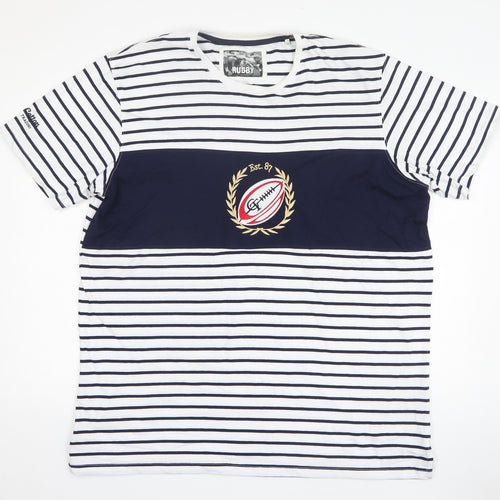 Cotton Traders Mens White Striped Cotton T-Shirt Size 2XL Round Neck - Rugby
