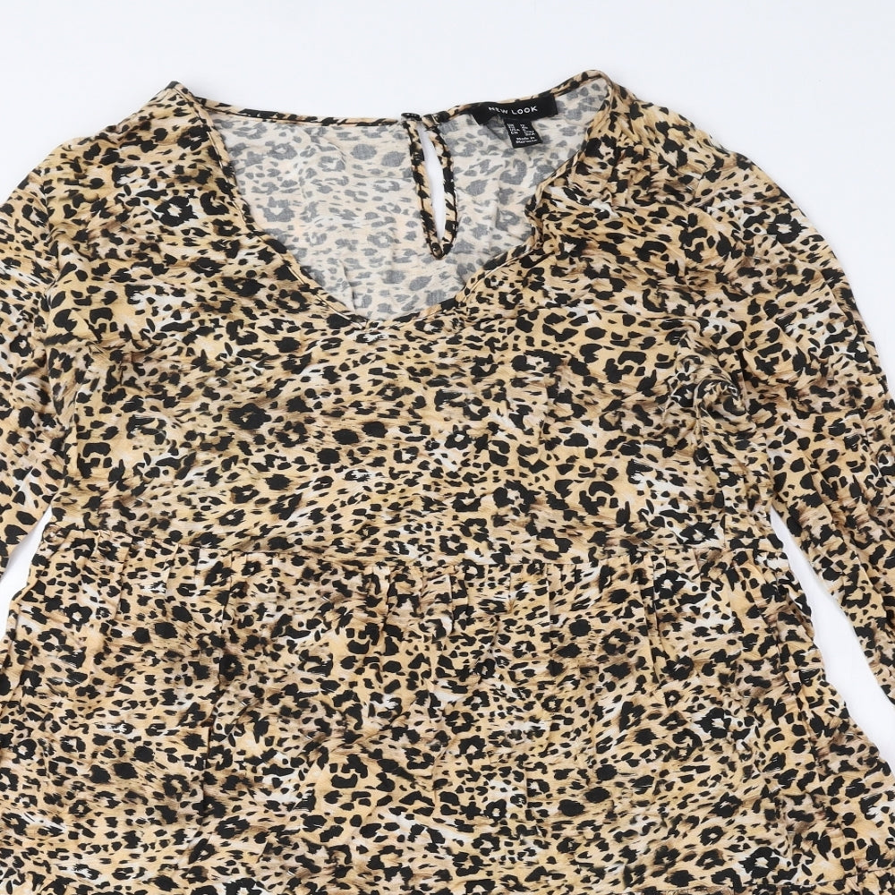 New Look Womens Brown Animal Print Viscose A-Line Size 12 V-Neck Pullover