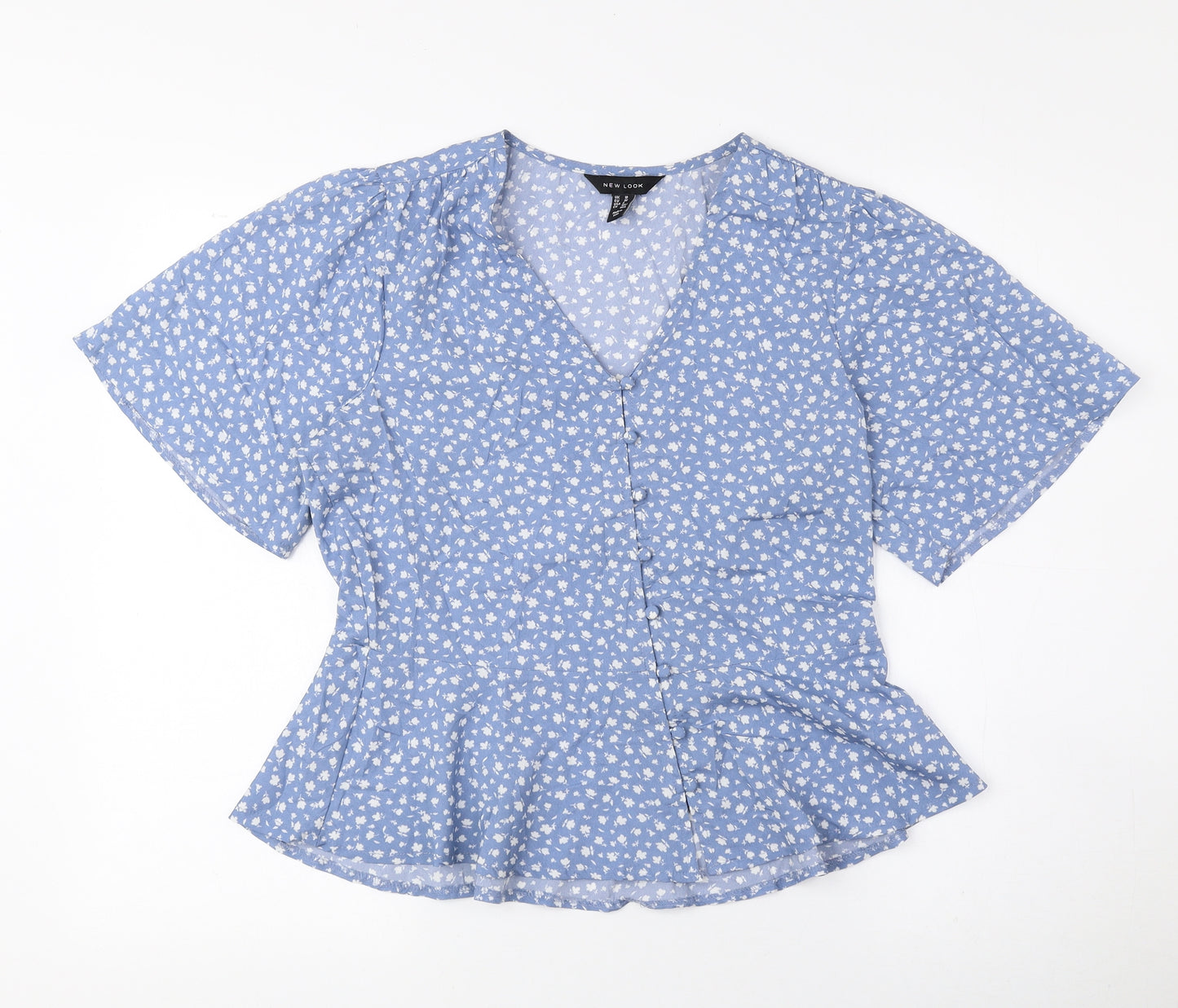 New Look Womens Blue Floral Polyester Basic Blouse Size 10 V-Neck
