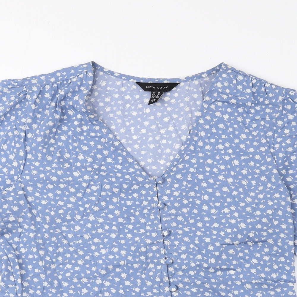 New Look Womens Blue Floral Polyester Basic Blouse Size 10 V-Neck