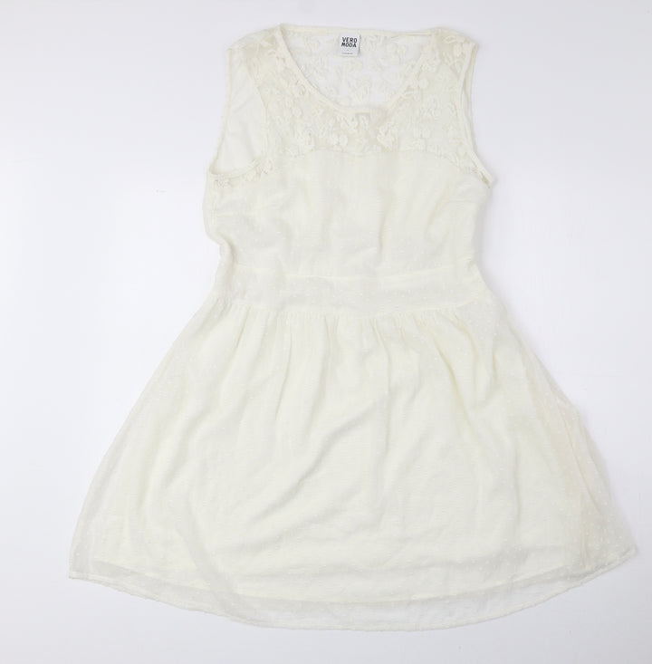 Vera Moda Womens Ivory Polyester Fit & Flare Size L Round Neck Zip